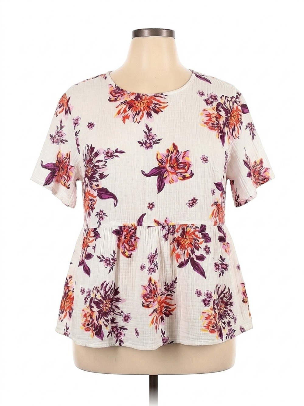 Terra & Sky Cream Floral Peplum Top with Purple & Orange Blooms